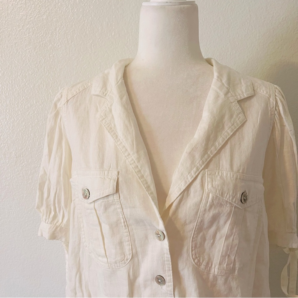🌹 Free People Safari Babe Puff Short Sleeves Button Down White Size Small - Picture 3 of 6